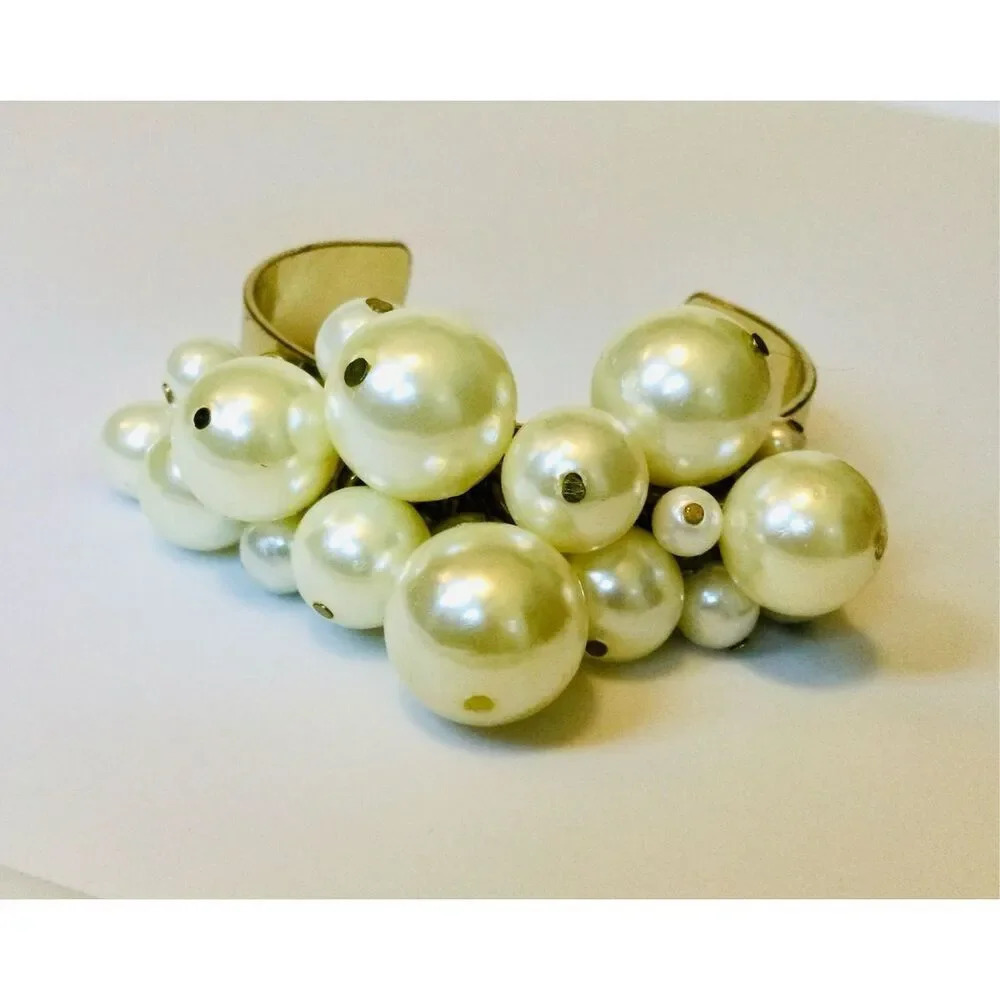Womens Ivory Round Cluster Faux Pearls Gold Cuff Bracelet Jewelry Collection